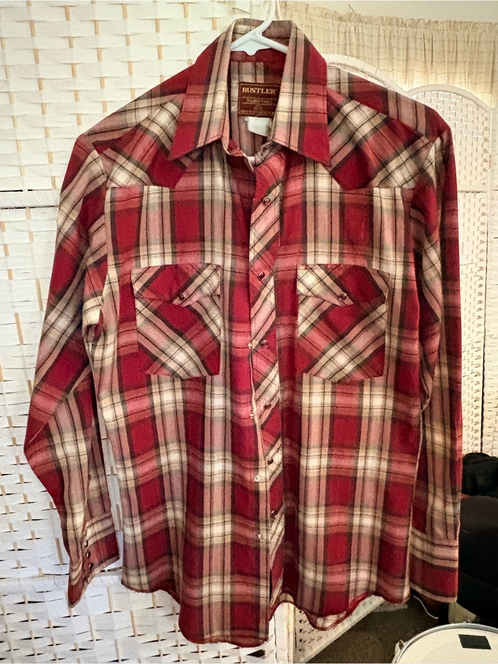 Rustler Vintage Red and Cream Plaid Button-Down Western Shirt